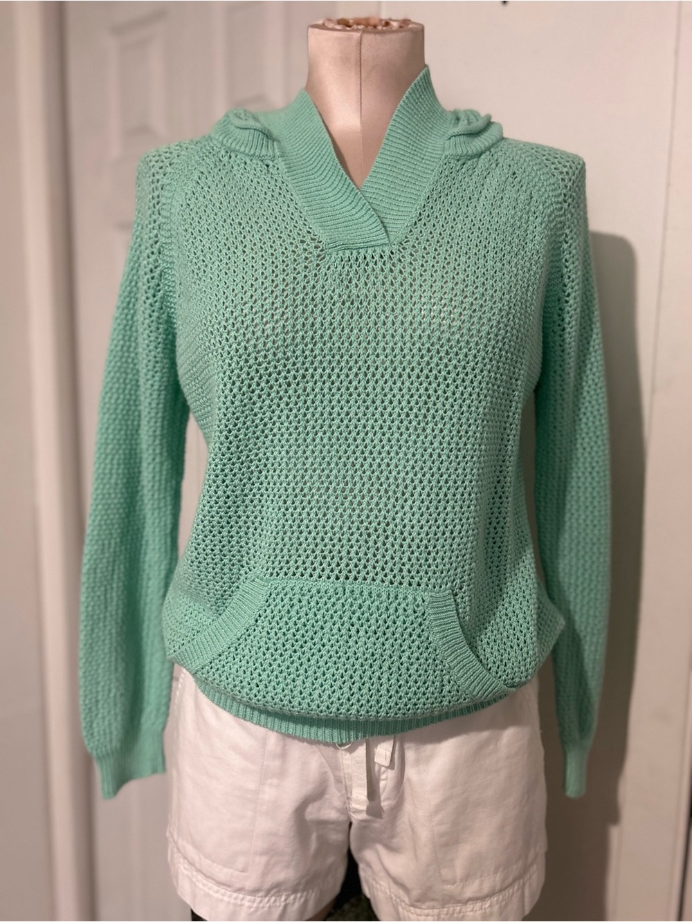 Shirt.469 mint green open knit pull over hoodie sweater size S